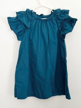 Girls Velveteen Teal Ruffle Sleeve Dress